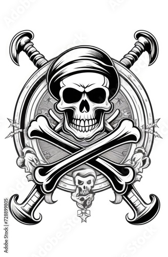 Bones and scull piratic emblem, engraving illustration. Jolly Roger sign with two crossed sabers.