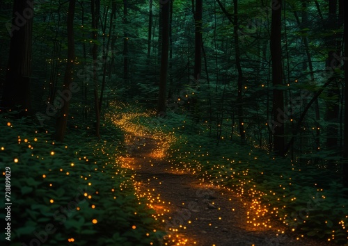 Magical Forest Path Illuminated by Fireflies at Night