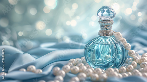 Blue Perfume Bottle with Pearls on Satin
