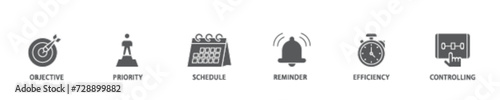 Time management banner web icon illustration concept with icon of objective, priority, schedule, reminder, efficiency, alerts, and controlling icon live stroke and easy to edit 