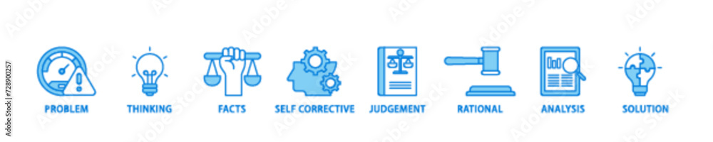 Critical thinking icon set flow process illustrationwhich consists of solution, analysis, self corrective, rational, judgement, facts, thinking, problem icon live stroke and easy to edit  - obrazy, fototapety, plakaty 