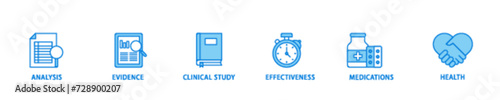 Clinical research banner web icon illustration concept with icon of analysis, evidence, clinical study, effectiveness, medications and health icon live stroke and easy to edit 