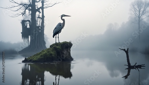 Whispers of the Mist: A Heron's Solace, Heron Standing on a Mossy Bank in Foggy Wetlands