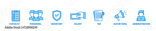 Cost reduction banner web icon illustration concept with icon of checklist, personnel, inventory, salary, tax, advertising and administration icon live stroke and easy to edit 