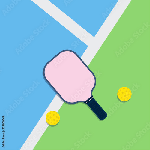 Top view of pickleball court with pink paddle and yellow balls. Colorful trendy vector illustration.