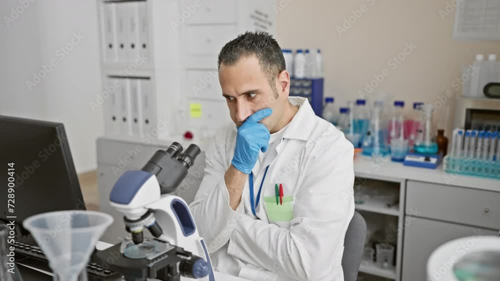 Cheerful young hispanic man in scientist uniform, confidently cooking up a smart idea in the lab, pointing a finger and wearing a happy face! all in a day's work at number one laboratory. Cheerful young hispanic man in scientist uniform, confidently cooking up a smart idea in the lab, pointing a finger and wearing a happy face! all in a day's work at number one laboratory.