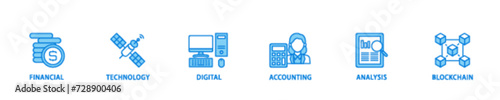 Fintech icon set flow process illustrationwhich consists of financial, technology, digital, accounting, analysis and blockchain icon live stroke and easy to edit 