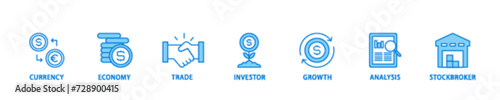Forex icon set flow process illustrationwhich consists of currency, economy, trade, investor, growth, analysis and stockbroker icon live stroke and easy to edit 