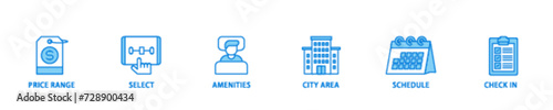 Hotel booking icon set flow process illustrationwhich consists of city area, check in, schedule, amenities, select, price range icon live stroke and easy to edit 