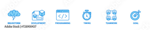 Hackathon icon set flow process illustrationwhich consists of brainstorm, development, programming, timing, speed, teamwork, and goal icon live stroke and easy to edit 