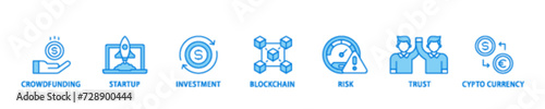 ICO icon set flow process illustrationwhich consists of crowdfunding, startup, investment, blockchain, risk, trust and cypto currency icon live stroke and easy to edit 