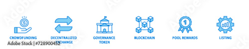 Ido icon set flow process illustrationwhich consists of crowdfunding, decentralized exchange, governance token, blockchain, smart contract and listing icon live stroke and easy to edit 