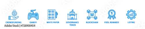 IGO icon set flow process illustrationwhich consists of crowdfunding, gamefi, white paper, governance token, blockchain, pool rewards and listing icon live stroke and easy to edit  photo