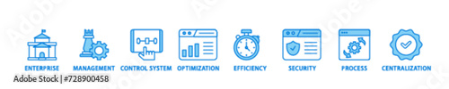 Industrial control system icon set flow process illustrationwhich consists of enterprise, management, control system, optimization, efficiency icon live stroke and easy to edit 