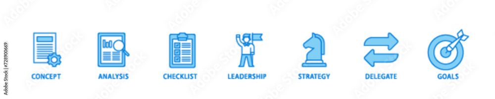 Planning icon set flow process illustrationwhich consists of concept, analysis, checklist, leadership, strategy, delegate and goals icon live stroke and easy to edit 