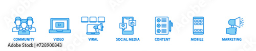 SMM banner web icon illustration concept with icon of community, video, viral, social media, content, mobile and marketing icon live stroke and easy to edit 