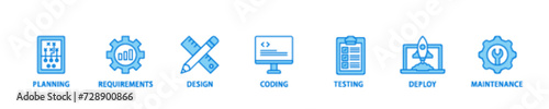 Software development banner web icon illustration concept with icon of planning, requirements, design, coding, testing, deploy and maintenance icon live stroke and easy to edit 