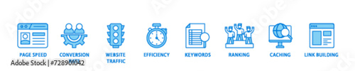 Website optimization banner web icon illustration concept with icon of page speed, conversion rate, website traffic, efficiency, keywords, ranking, caching  icon live stroke and easy to edit 
