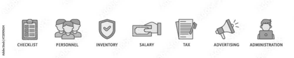 Cost reduction banner web icon illustration concept with icon of checklist, personnel, inventory, salary, tax, advertising and administration icon live stroke and easy to edit Cost reduction banner web icon illustration concept with icon of checklist, personnel, inventory, salary, tax, advertising and administration icon live stroke and easy to edit