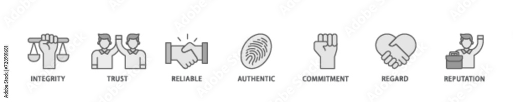 Credibility banner web icon illustration concept with icon of integrity, trust, reliable, authentic, commitment, regard, and reputation icon live stroke and easy to edit Credibility banner web icon illustration concept with icon of integrity, trust, reliable, authentic, commitment, regard, and reputation icon live stroke and easy to edit