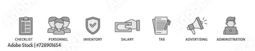 Cost reduction banner web icon illustration concept with icon of checklist, personnel, inventory, salary, tax, advertising and administration icon live stroke and easy to edit 