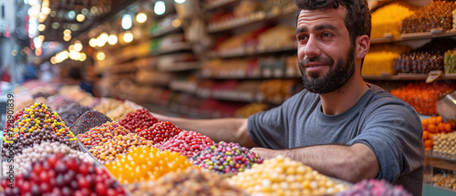 a man in a store with a variety of fruits and vegetables