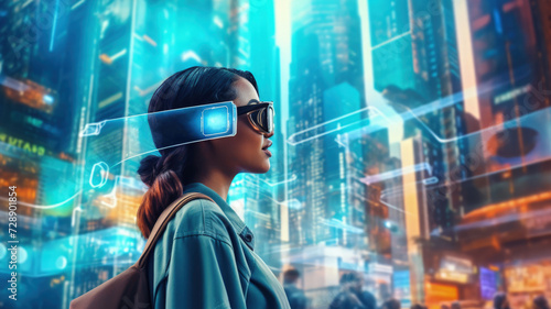 Futuristic Integration  Girl Engaging with Augmented Reality in Urban Landscape