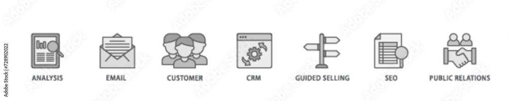 Inbound marketing banner web icon illustration concept with icon of analysis, email, customer, crm, guided selling, seo and public relations icon live stroke and easy to edit Inbound marketing banner web icon illustration concept with icon of analysis, email, customer, crm, guided selling, seo and public relations icon live stroke and easy to edit