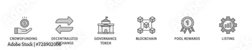 Ido banner web icon illustration concept with icon of crowdfunding, decentralized exchange, governance token, blockchain, smart contract and listing icon live stroke and easy to edit 