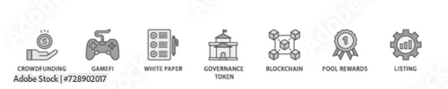 IGO banner web icon illustration concept with icon of crowdfunding, gamefi, white paper, governance token, blockchain, pool rewards and listing icon live stroke and easy to edit 