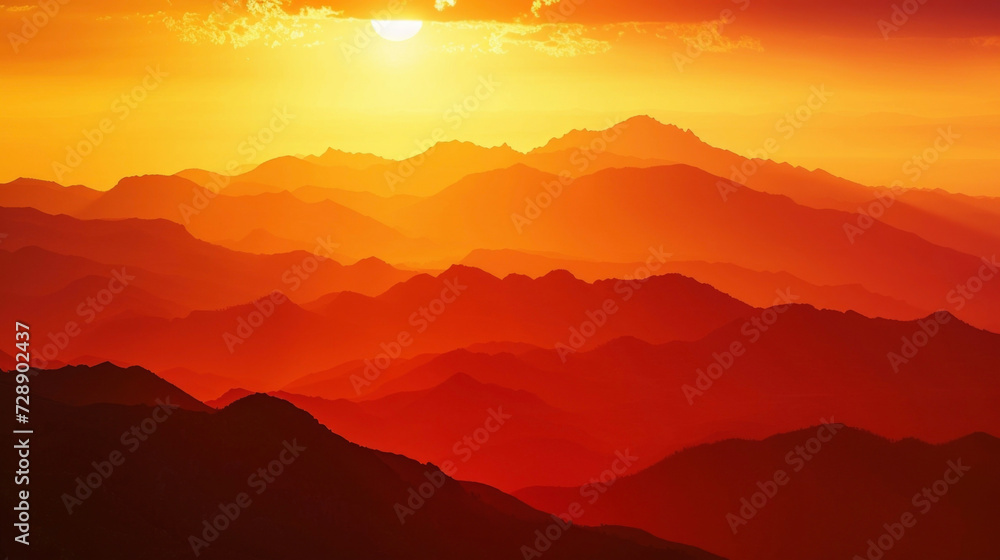 A breathtaking view of darkened mountain ranges against a fiery sky.