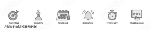 Time management banner web icon illustration concept with icon of objective, priority, schedule, reminder, efficiency, alerts, and controlling icon live stroke and easy to edit 