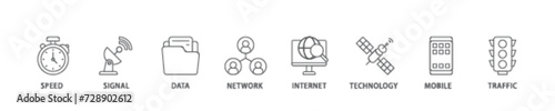 5G icon set flow process illustrationwhich consists of speed, signal, data, network, internet, technology, mobile and traffic icon live stroke and easy to edit 