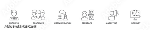 B2C icon set flow process illustrationwhich consists of  business, consumer, communications, feedback, marketing, and internet  icon live stroke and easy to edit 