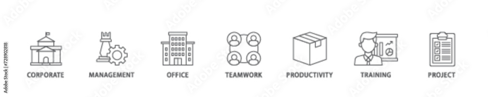 Corporate management icon set flow process illustrationwhich consists of corporate, management, office, teamwork, productivity, training and project icon live stroke and easy to edit 