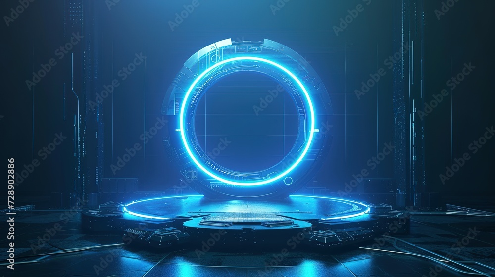 Background podium 3d light game circle blue neon stage screen hologram platform. Virtual 3D podium hud design technology background portal cyber tech cyberpunk digital element show space future room - obrazy, fototapety, plakaty 