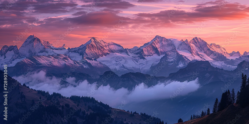 Swiss Alps snowy mountain range with valleys and meadows, Switzerland landscape. Golden hour sunset, serene idyllic panorama, majestic nature, relaxation, calmness concept - obrazy, fototapety, plakaty 