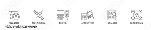 Fintech icon set flow process illustrationwhich consists of financial, technology, digital, accounting, analysis and blockchain icon live stroke and easy to edit 