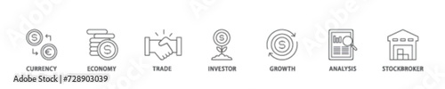 Forex icon set flow process illustrationwhich consists of currency, economy, trade, investor, growth, analysis and stockbroker icon live stroke and easy to edit 