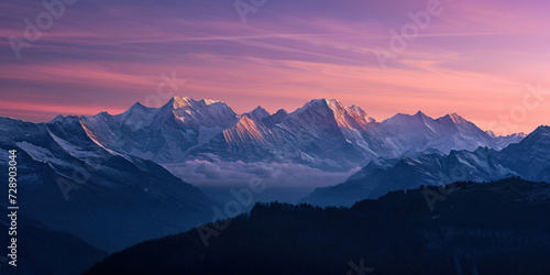 Swiss Alps snowy mountain range with valleys and meadows, Switzerland landscape. Golden hour sunset, serene idyllic panorama, majestic nature, relaxation, calmness concept © Gajus