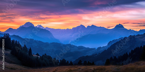 Swiss Alps snowy mountain range with valleys and meadows  countryside in Switzerland landscape. Golden hour majestic fiery sunset sky  travel destination wallpaper background