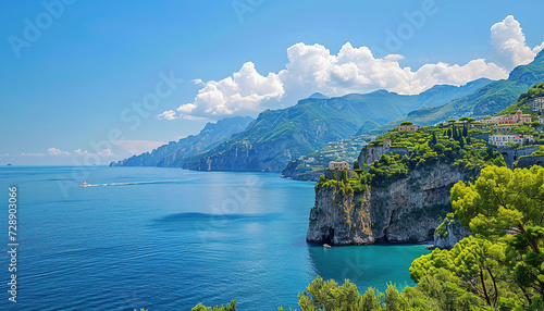 Amalfi coast coastline in Sorrentine Peninsula, Campania region, Italy. Holiday destination shoreline with hills, beaches, and cliffs, sea view, blue sky day wallpaper background