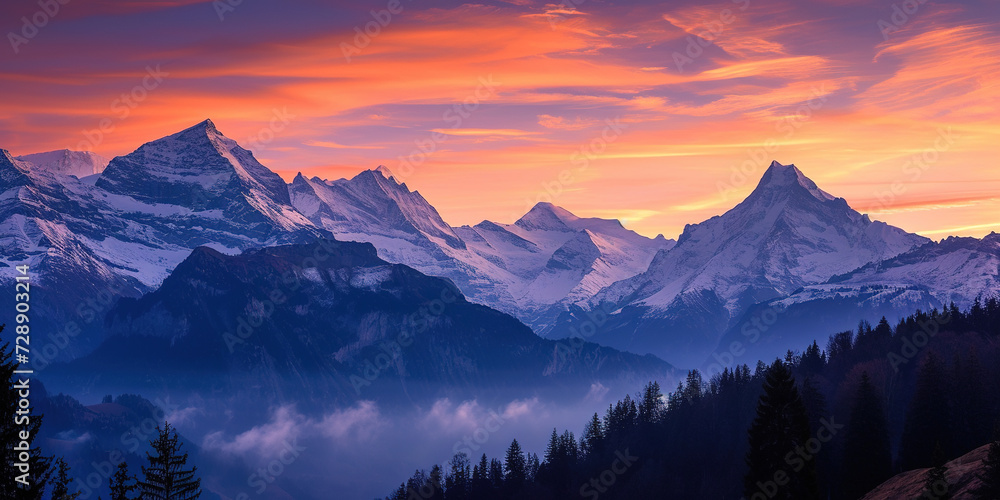 Swiss Alps snowy mountain range with valleys and meadows, countryside in Switzerland landscape. Golden hour majestic fiery sunset sky, travel destination wallpaper background