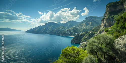 Amalfi coast coastline in Sorrentine Peninsula  Campania region  Italy. Holiday destination shoreline with hills  beaches  and cliffs  sea view  blue sky day wallpaper background