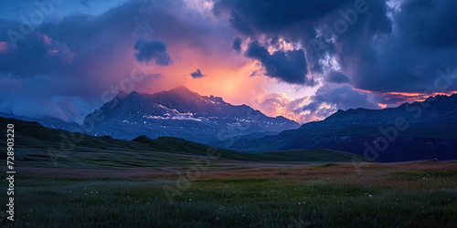 Swiss Alps snowy mountain range with valleys and meadows, Switzerland landscape. Golden hour sunset, serene idyllic panorama, majestic nature, relaxation, calmness concept