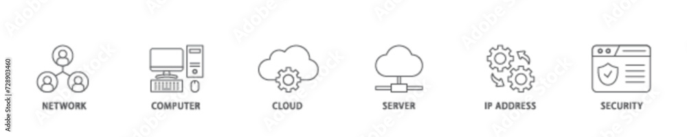 Network technology icon set flow process illustrationwhich consists of network, computer, cloud, server, ip address and security icon live stroke and easy to edit 