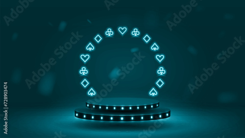 A double 3D podium with a bright neon arch of card suits on a blue and green background. the concept for an online casino.