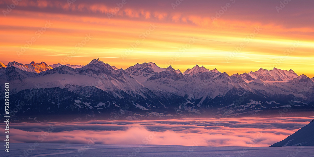 Swiss Alps snowy mountain range with valleys and meadows, countryside in Switzerland landscape. Golden hour majestic fiery sunset sky, travel destination wallpaper background Swiss Alps snowy mountain range with valleys and meadows, countryside in Switzerland landscape. Golden hour majestic fiery sunset sky, travel destination wallpaper background
