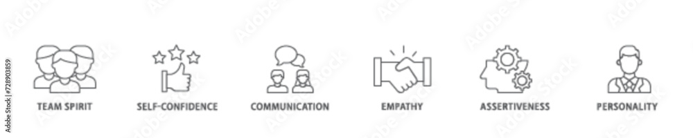Soft skills icon set flow process illustrationwhich consists of team spirit, self confidence, communication, empathy, assertiveness, and personality icon live stroke and easy to edit Soft skills icon set flow process illustrationwhich consists of team spirit, self confidence, communication, empathy, assertiveness, and personality icon live stroke and easy to edit