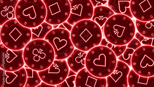 3d neon bright chips in red. Background for online casinos.